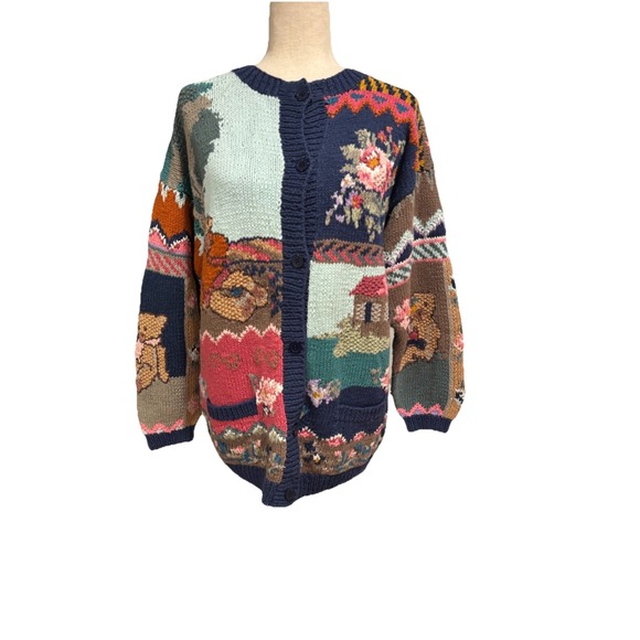 Vintage 90s Together! Knit Cardigan Sweater Teddy Bears Floral Women's S Grandma - Picture 5 of 10